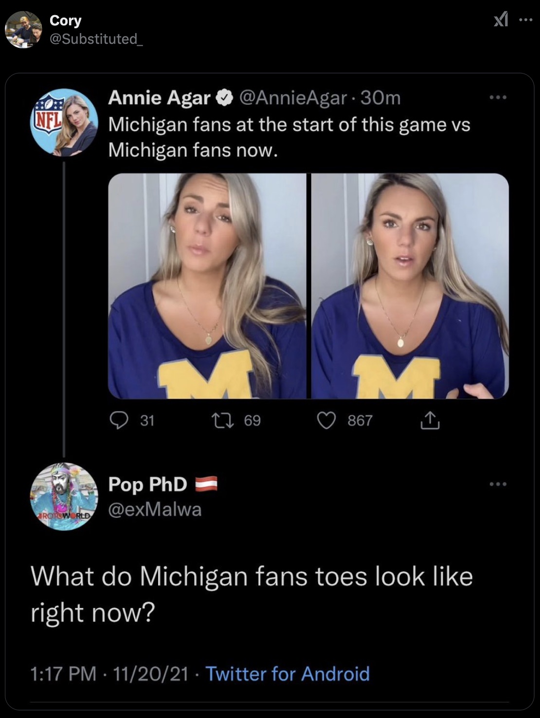 screenshot - Cory Nfl Annie Agar 30m Michigan fans at the start of this game vs Michigan fans now. M. 31 1769 867 Rotoworld Pop PhD What do Michigan fans toes look right now? 112021 Twitter for Android